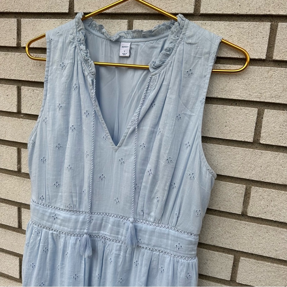 Old Navy Float Your Boat Blue Cutwork Midi Dress Tassel Tie Waist Defined Boho L - Picture 3 of 11